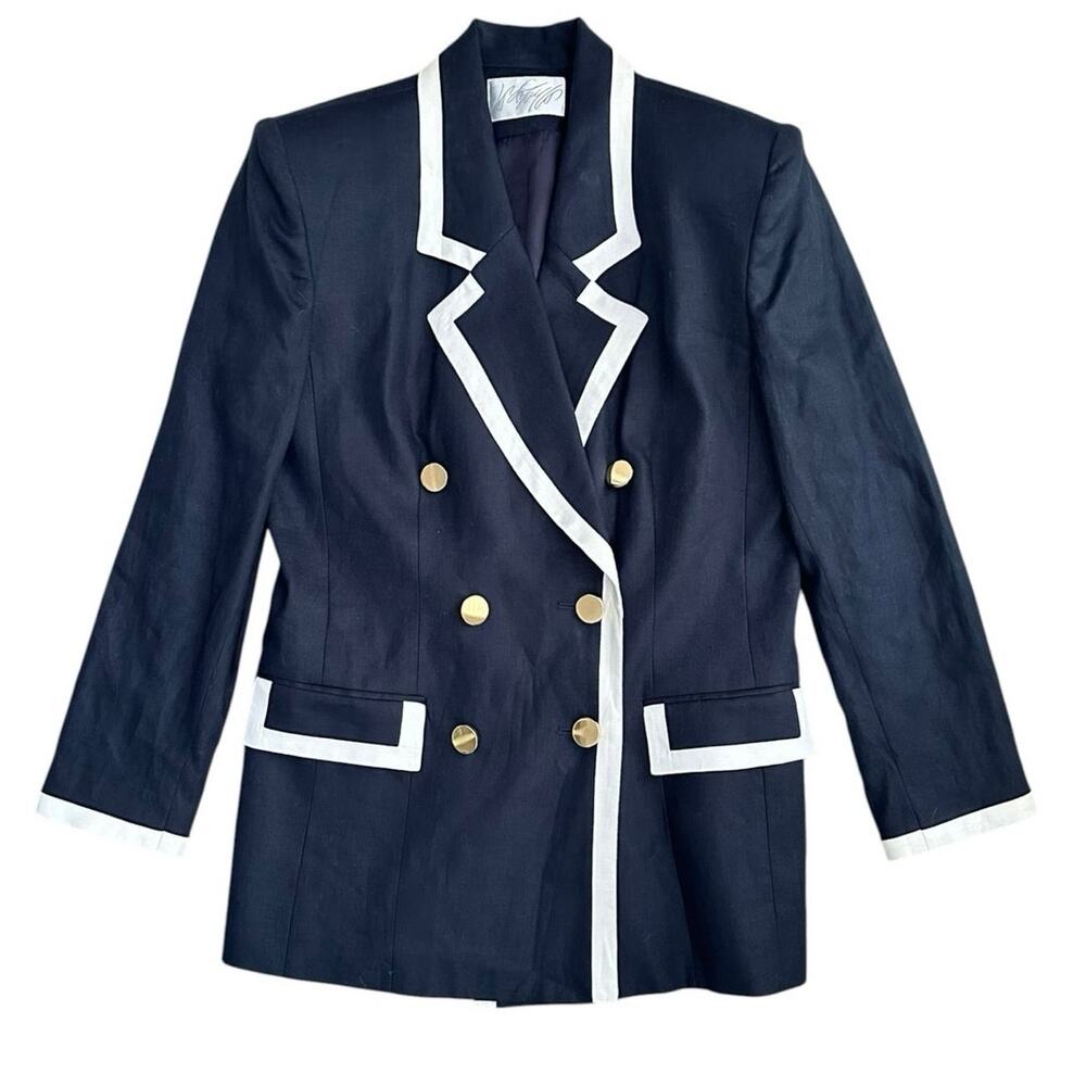 Vintage Lord & Taylor Linen Double Breasted Navy Blue Blazer White Piping 8